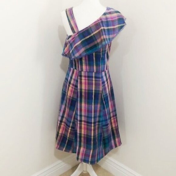 Isaac Mizrahi One Shoulder Madras Plaid Dress Deep Sea Size 0 - Picture 5 of 7
